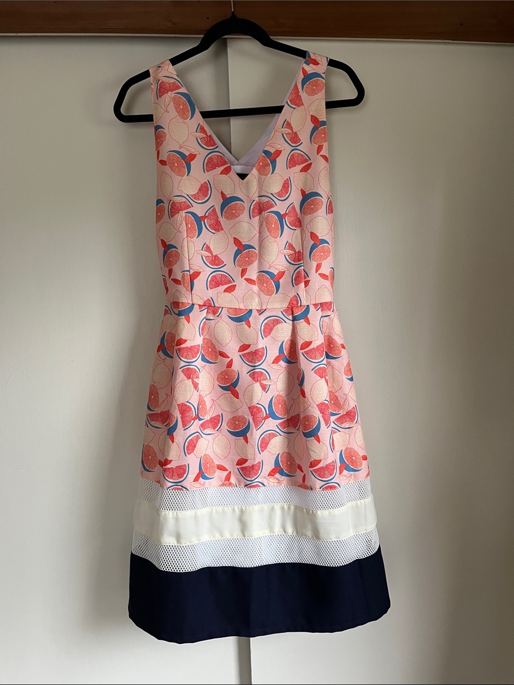 Plains & Prints Pink Lemonade Pink Citrus-Print Midi Dress with Navy Trim
